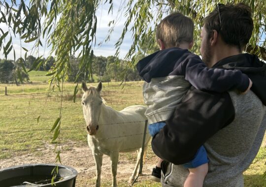 Young boy and dad at Wiggly Bottom Farm at a farm stay in Victoria